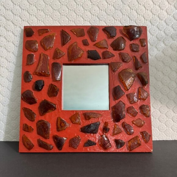 Handmade Recycled Glass on Red Border Decorative Mirror 10" x 10" New-Never Used - Picture 1 of 3